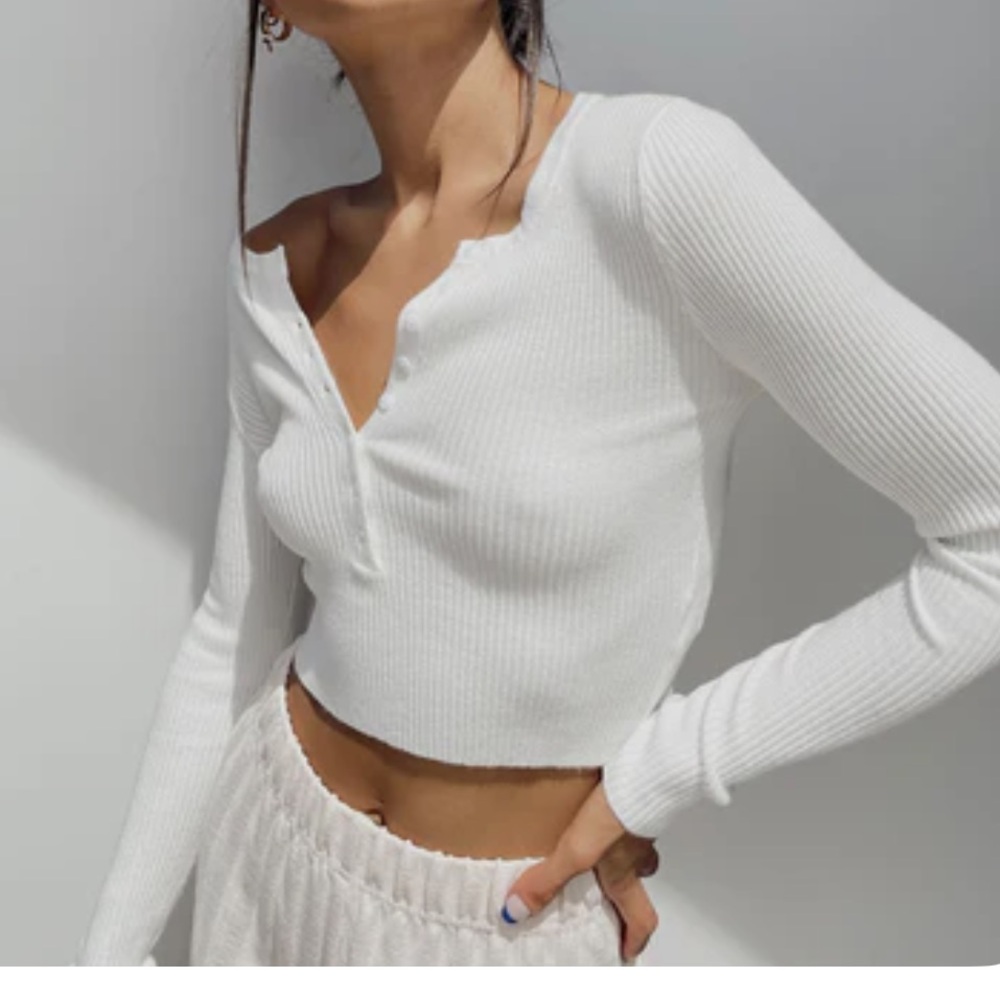 Princess Polly White Ribbed Long Sleeve Henley Crop Top
